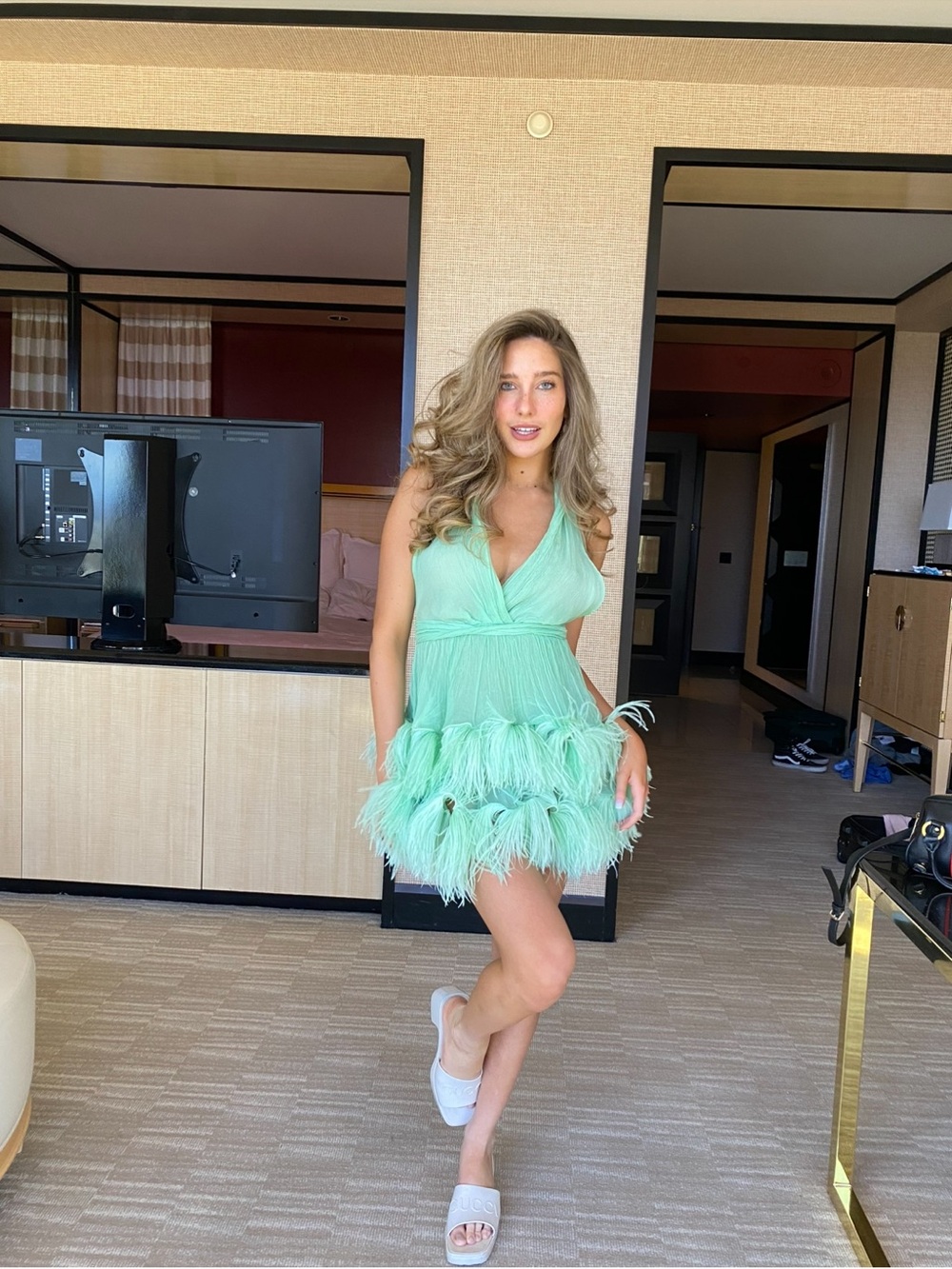 Dana Foley Ostrich Feather Mini Dress in Teal